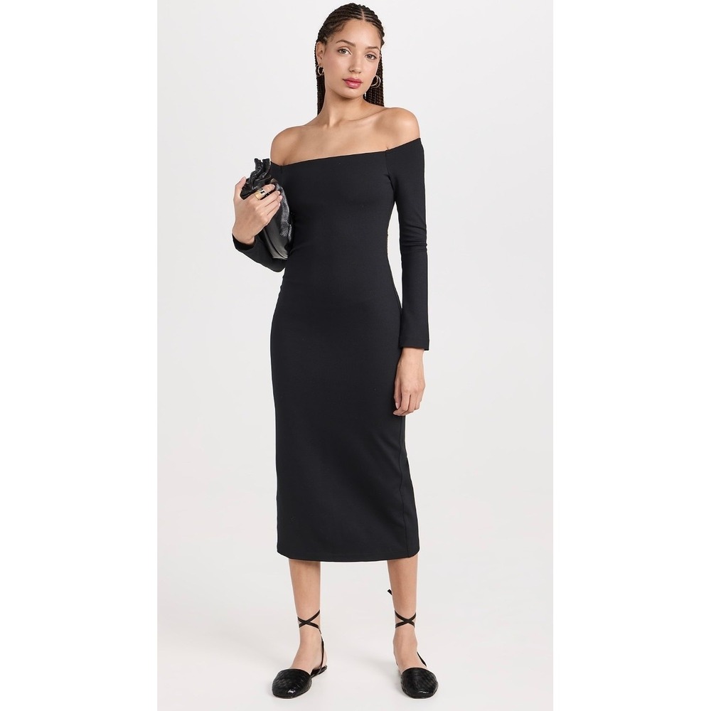 Enza Costa Dress Women Medium Black Long Sleeve Off Shoulder Midi Bodycon